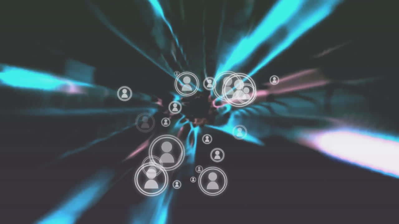 Animation of icons over light trails on black background