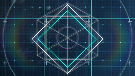 animation of glowing lines over geometric figures with grid on blue