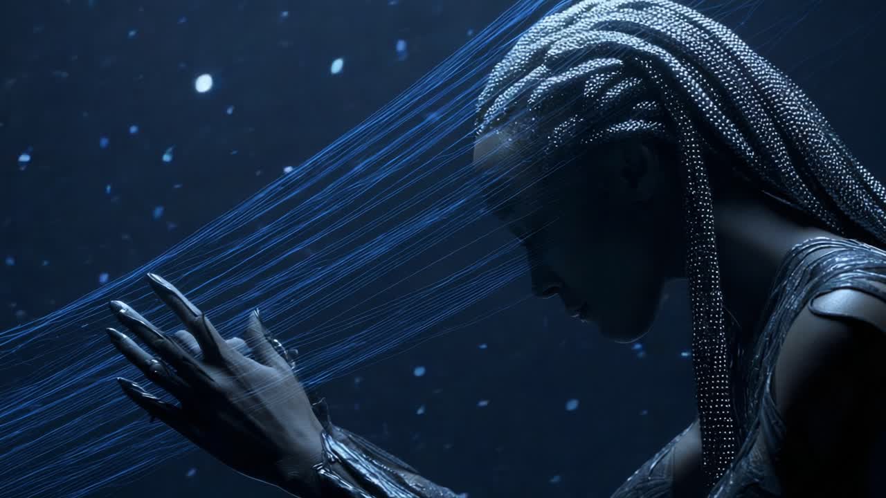 A Stunning Digital Render of a Futuristic Figure with Intricate Braids and Ethereal Energy Waves, Capturing a Moment of Contemplation and Connection with the Abstract Elements Surrounding Them