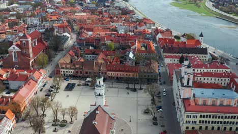 Aerial-View-Of-Kaunas-Town-Hall-Square-In-Lithuania---drone-shot