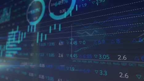 animation of statistics and financial data processing on blue background