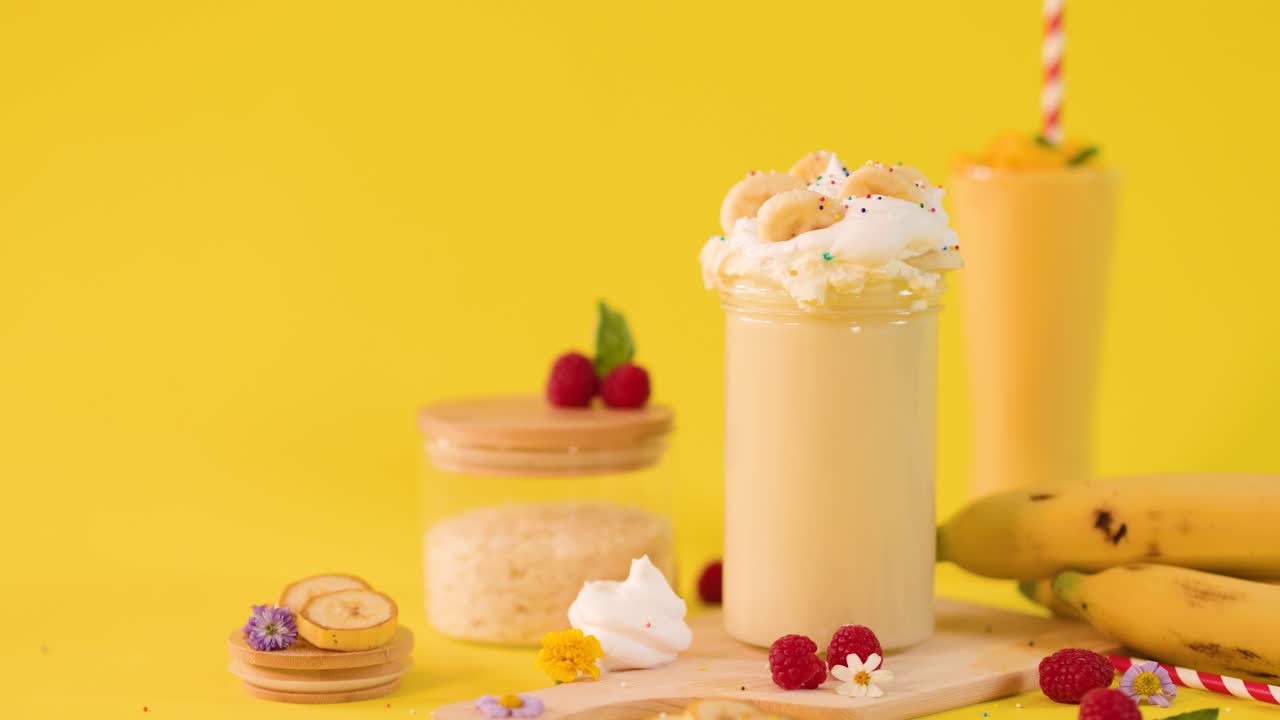 Primo piano di un frullato di banana su sfondo giallo mentre una mano aggiunge una cannuccia e ombrellini decorativi da cocktail
