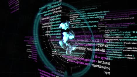 animation of dollar rotating over data processing on black background