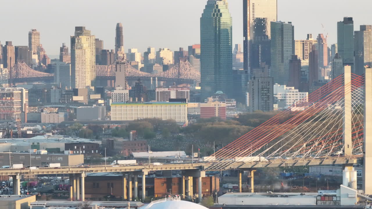 Aerial view of New York City at sunrise. Shot with the Queensboro Bridge in the background.