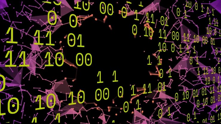 Density spike sparking binary code rotating, forming halo around black void, visualizing data