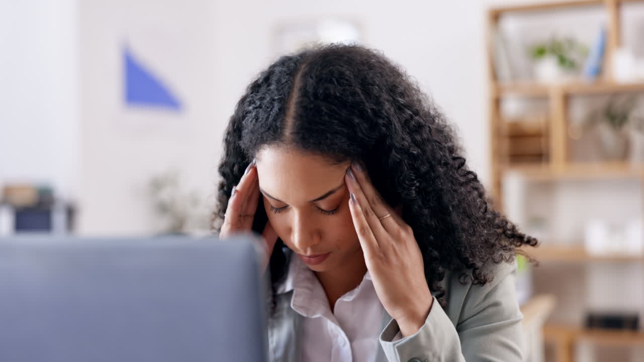 Stress, anxiety or business woman with headache