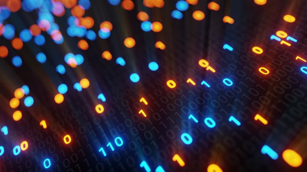 abstract sin costuras azul y naranja código digital binario matriz fondo vj bucle con llamarada.