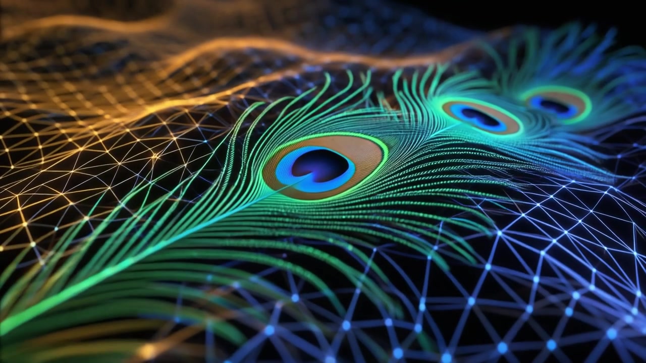 Abstract Peacock Feather Resting on a Glowing Digital Wireframe Surface