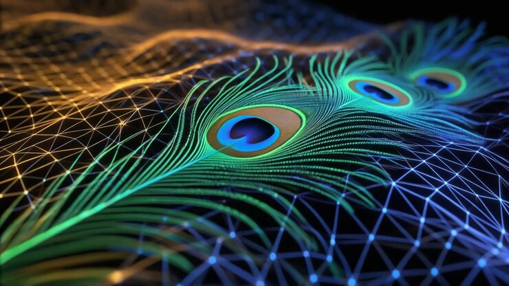 Piuma di pavone astratta che poggia su una superficie digitale a wireframe luminosa