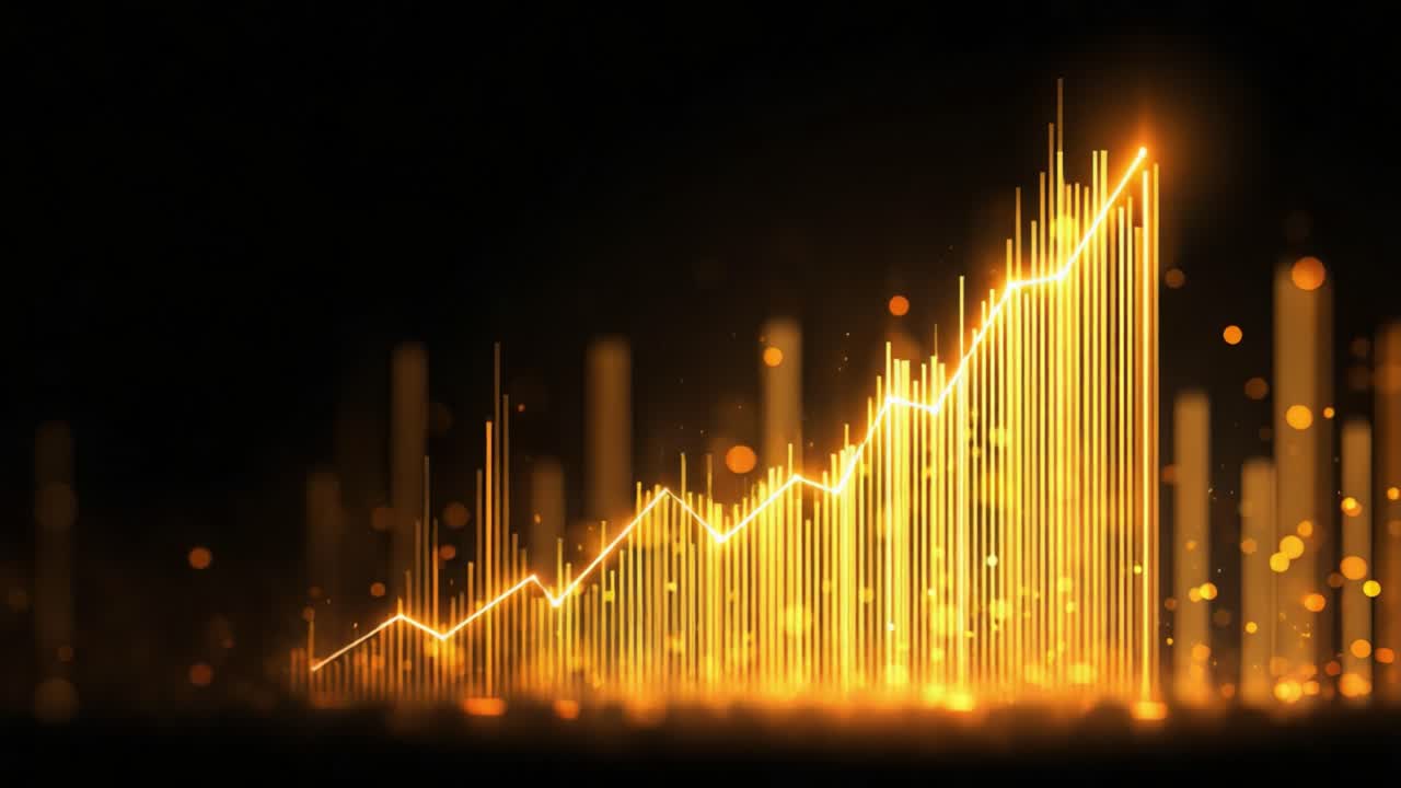 Golden digital chart animation with an ascending arrow indicating financial success and business growth, showing a rising trend with sparkling particles on a dark background for data analysis
