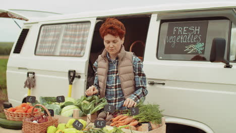 retrato de una agricultora positiva vendiendo verduras frescas