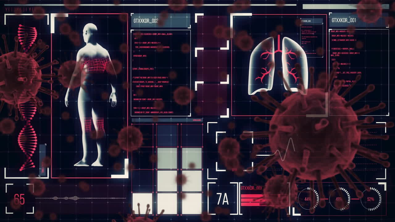 Human body and lungs analysis animation over virus particles and medical data