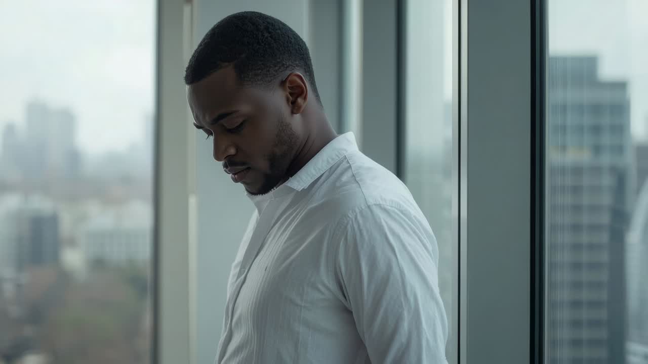 Cloudy sky causing man gazing down, slumping by floor-to-ceiling window in office, shirt, skyline