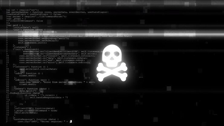 Bright skull crossbones appears computer code scan lines digital glitches malware warnings cyber