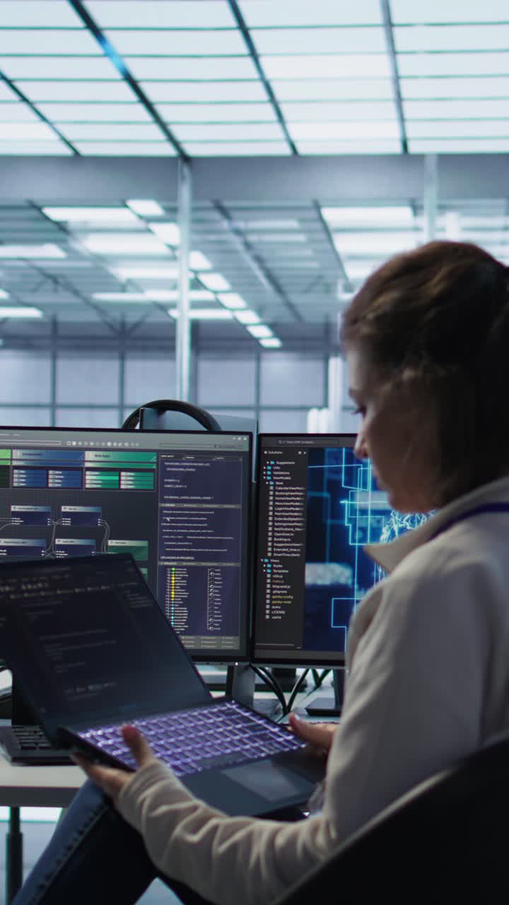 Programmatrice che lavora su laptop e più monitor in un data center.