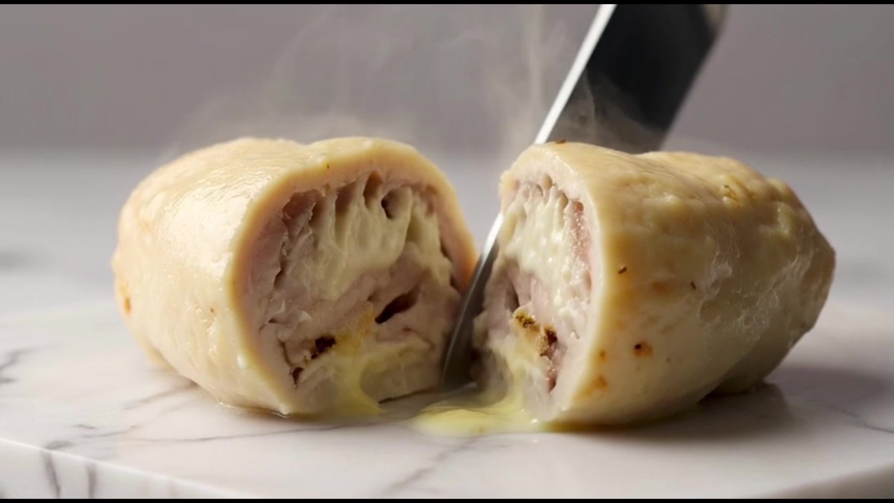 Dao cắt vào món Gà Cordon Bleu nóng hổi trên thớt đá cẩm thạch