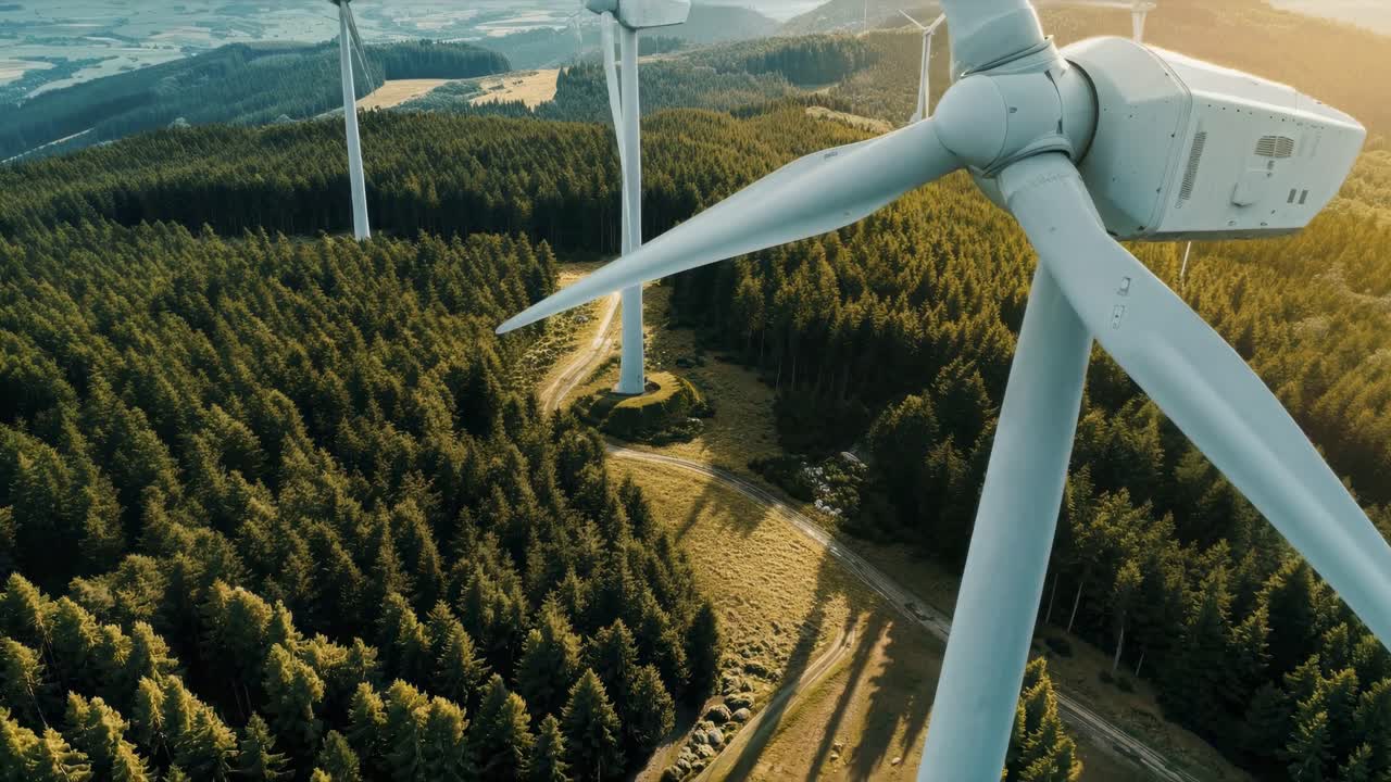 Riprese aeree di turbine eoliche sopra foreste lussureggianti, che catturano concetti di energia sostenibile