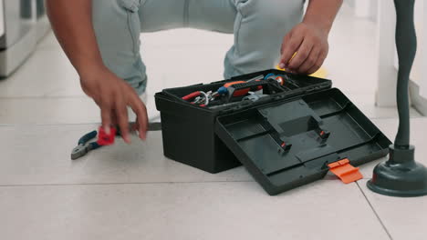 Repair,-kitchen-and-man-with-box-of-tools-for-home