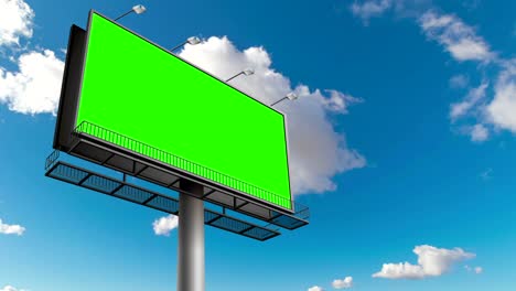 empty billboard with chroma key green screen, on blue sky with clouds time-lapse, advertisement
