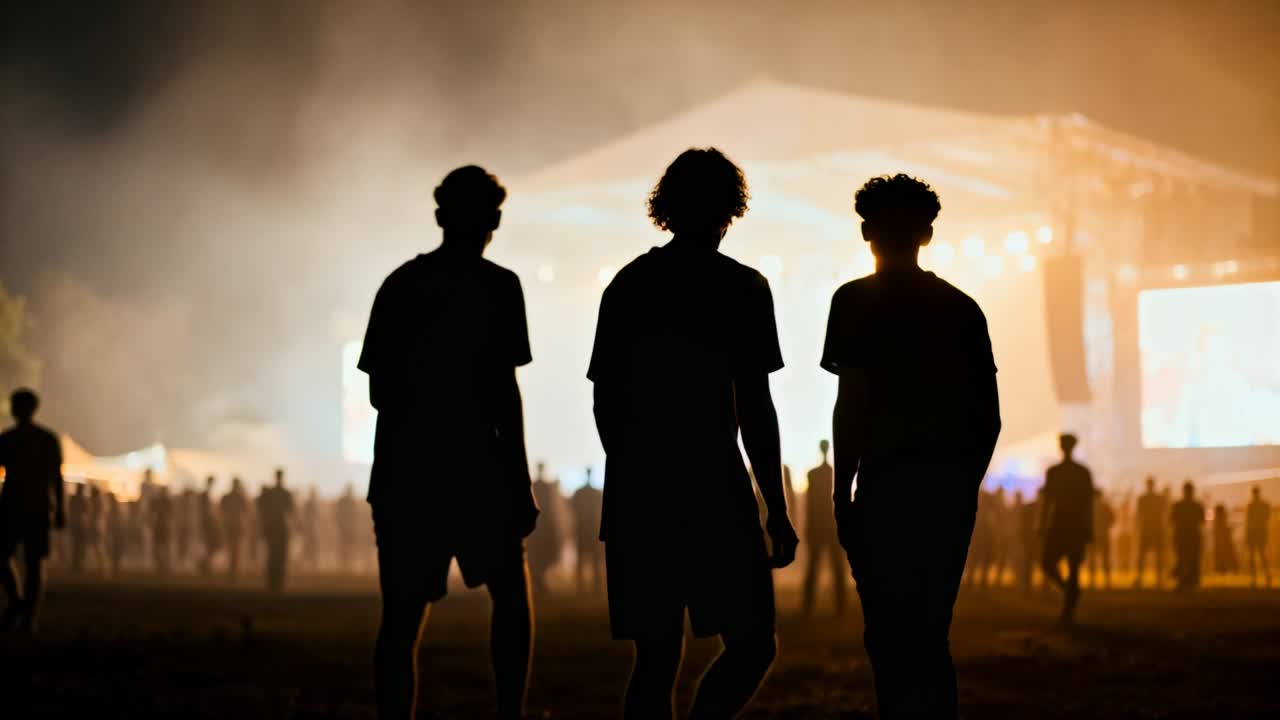 Tre uomini con camicie casual che camminano verso un palco di un concerto all'aperto dopo il segnale delle luci per guardare lo spettacolo.