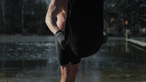 caucasian man using towel after going out of cold.