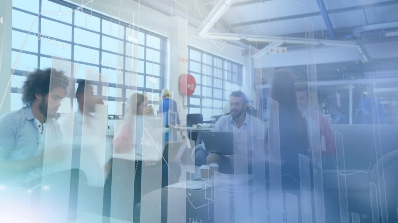 Animation af finansiel databehandling over forretningsfolk på travlt kontor