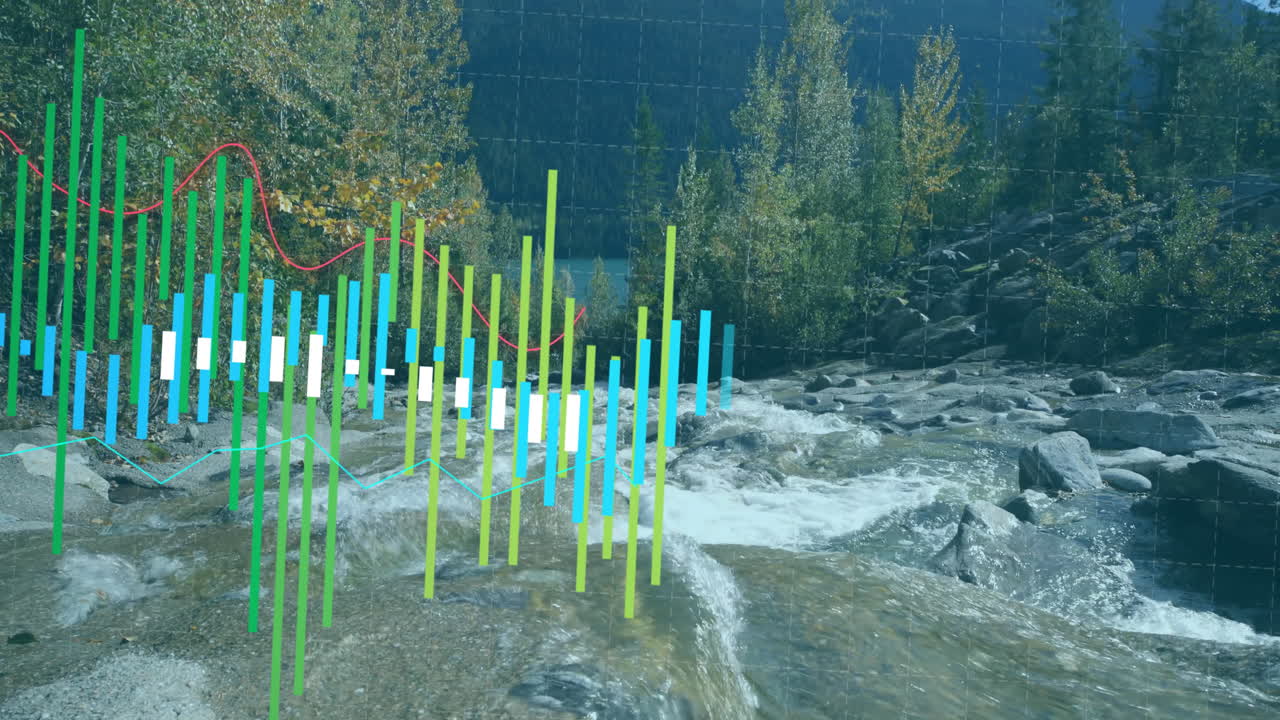 Graphs and data visualization animation over flowing river in nature