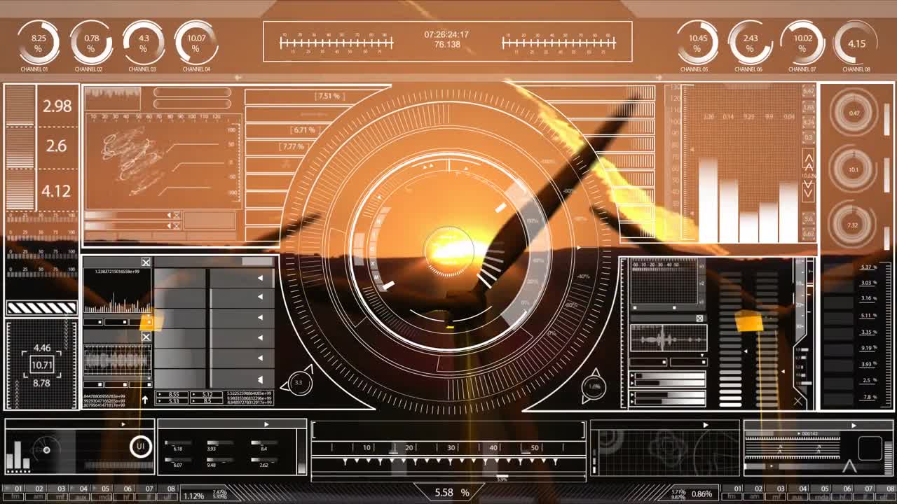 전면에 디지털 데이터가 있는 회전하는 풍력 터빈