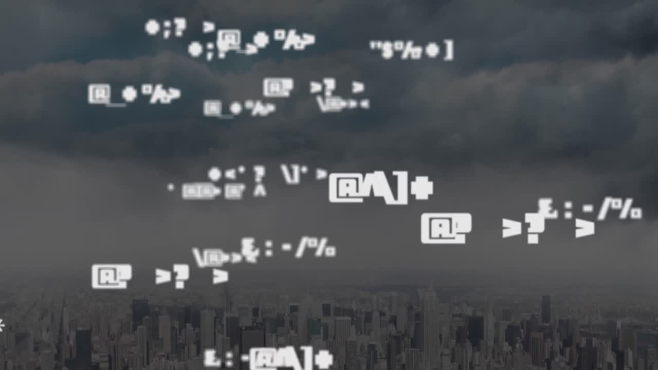 도시 풍경 위에 떠다니는 아이콘의 애니메이션