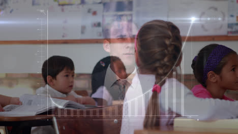 다양한 학생들이 학교에서 공부하는 복합 비디오 비즈니스맨이 미래의 화면을 만지고 있습니다.