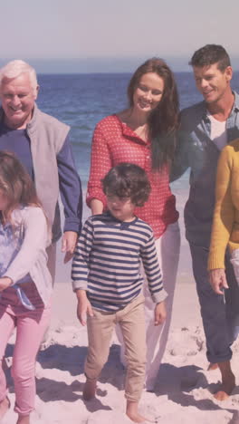 animation of light spots over happy caucasian family at beach