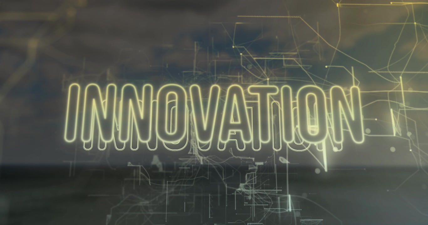 Mirrored neon INNOVATION flipping forward, strokes drawing, glowing, circuits tracing, showing tech