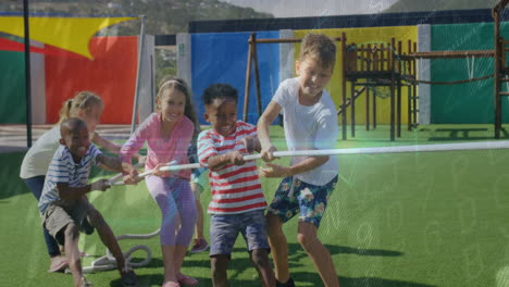 children pulling rope on playground turf, showing animated education data charts and color icons