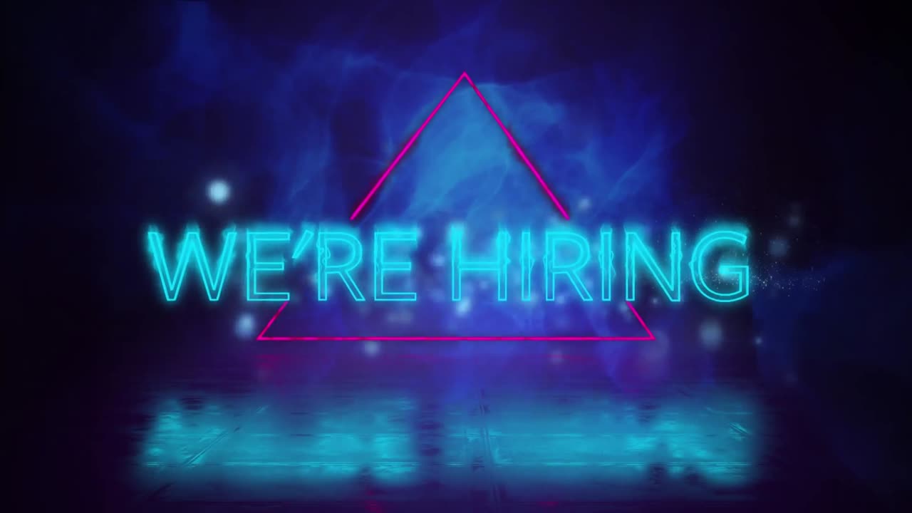 Animation of we're hiring neon text over triangle and smoke on dark background