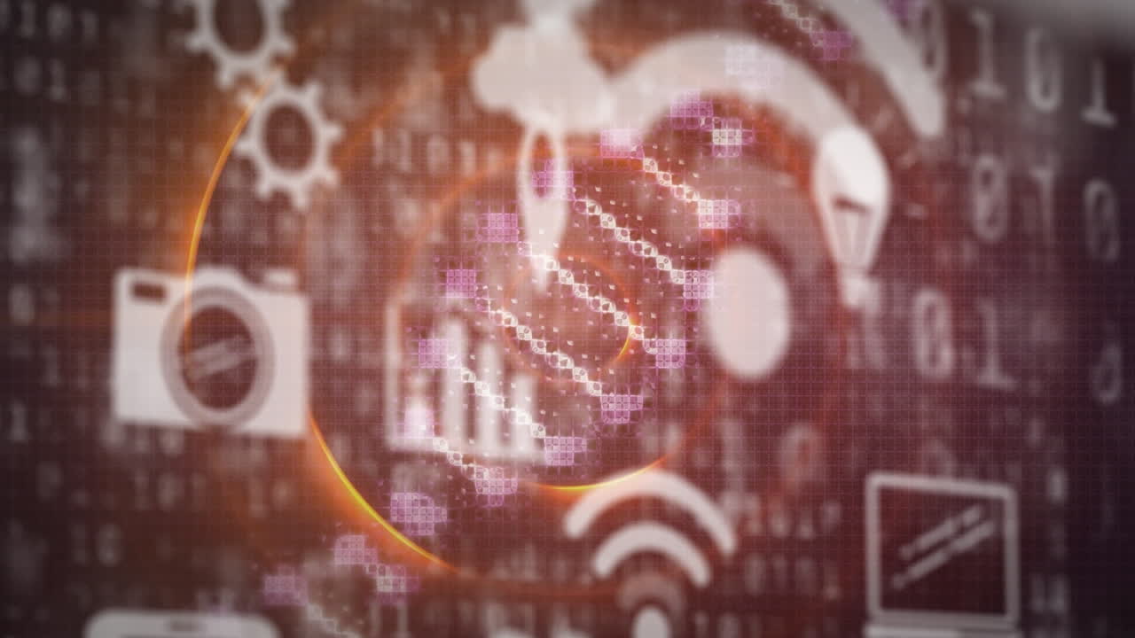 animación de iconos tecnológicos sobre código binario, engranajes, adn y círculos sobre fondo marrón