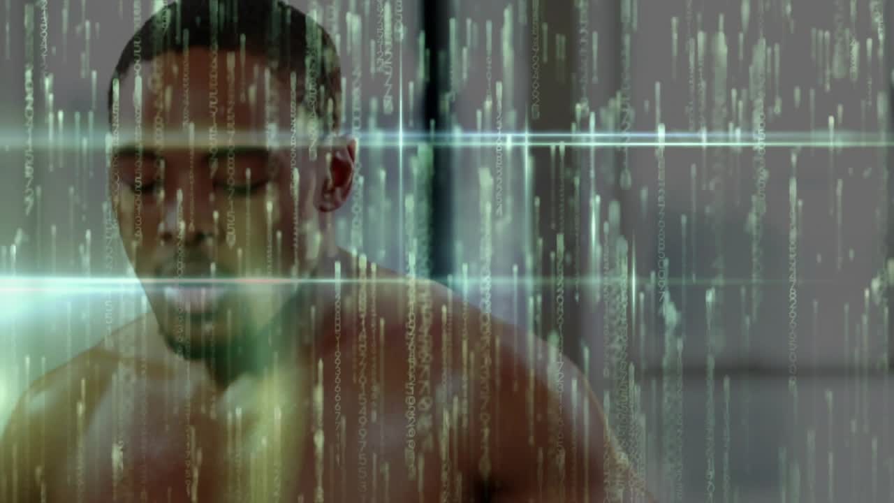 Vertical video: Boxer locking gaze, throwing jabs for training, red gloves meeting teal scan lines