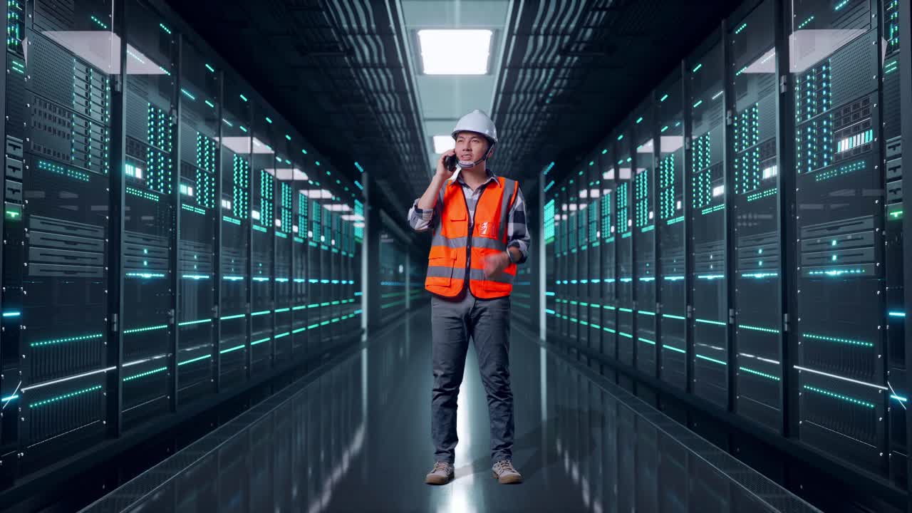 Full Body Of Asian Male Engineer With Safety Helmet Talking On Smartphone While Standing in Server Room Data Center