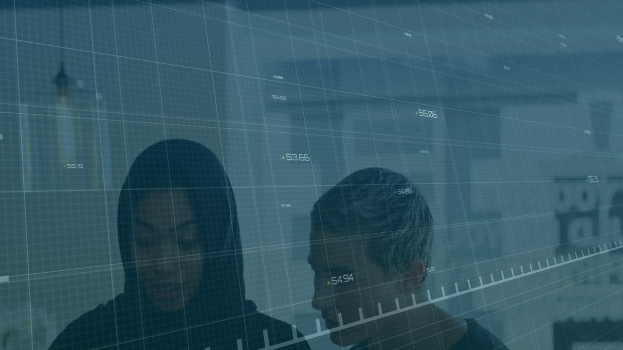 Animation of financial data processing over diverse colleagues discussing work in office