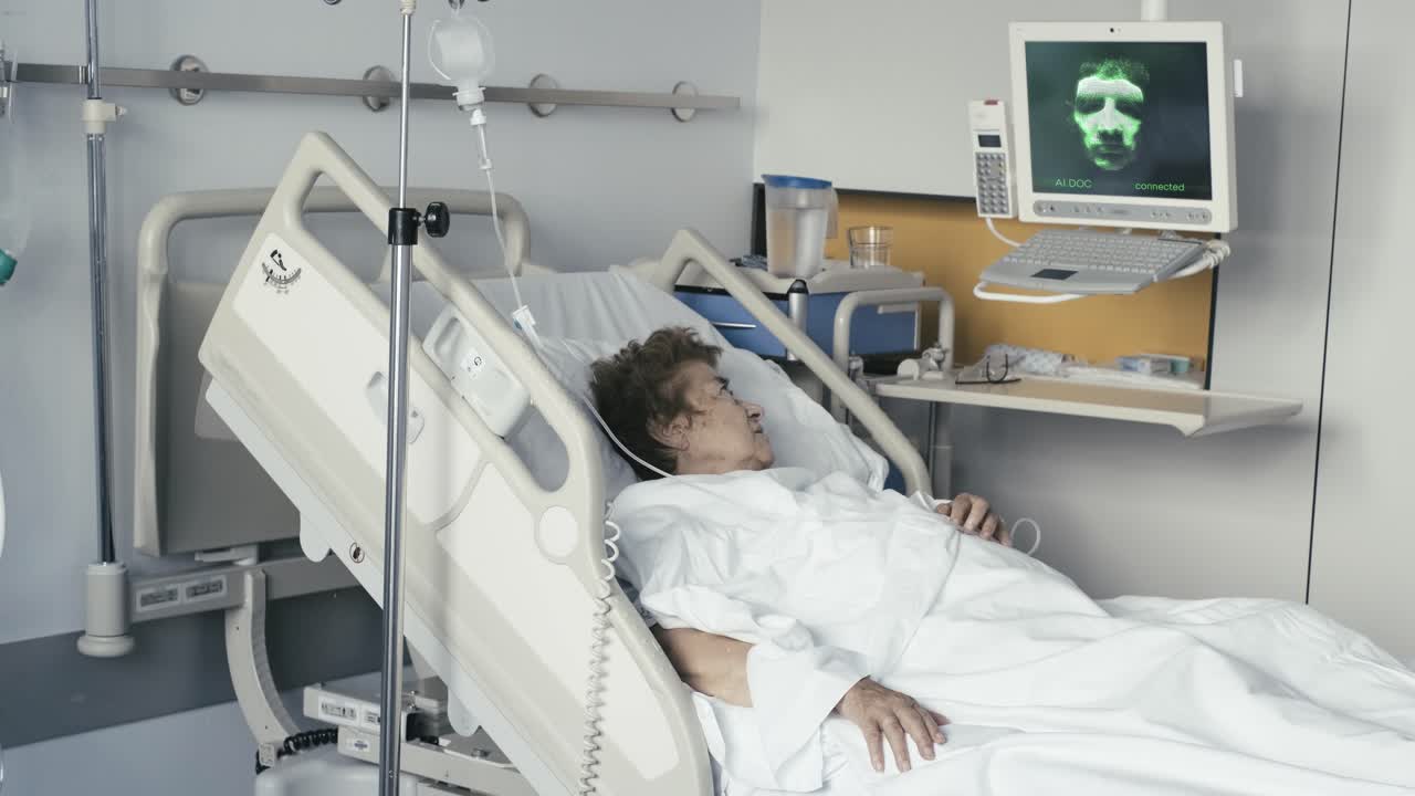 anciana en la sala del hospital con una consulta de video por inteligencia artificial, concepto futurista