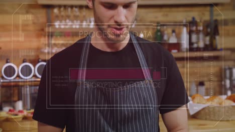animación de procesamiento de datos con barra de carga sobre hombre caucásico usando tableta digital en un café