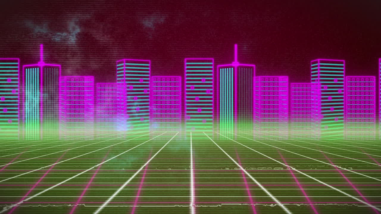 파란색 구름과 움직이는 다채로운 그리드 위에 다채로운 디지털 도시 풍경의 애니메이션