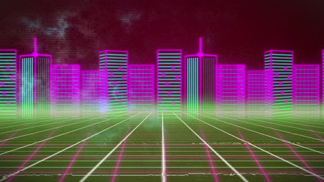 animación de un paisaje urbano digital colorido sobre nubes azules y una cuadrícula colorida en movimiento