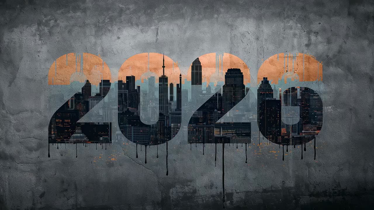 Progressing frames revealing bold 2020 brightening on concrete wall, skyline, orange glow, drips