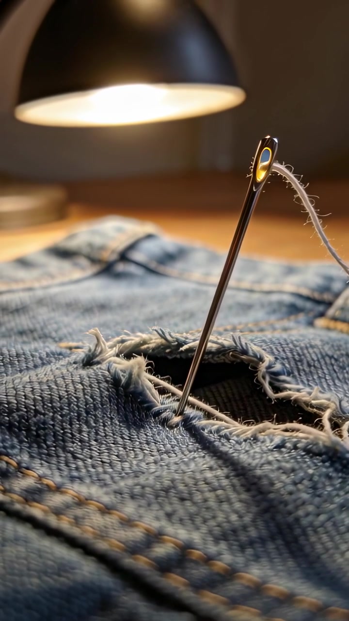Vertical video: Tugging thread causing needle mending torn blue jeans on oak table, with desk lamp