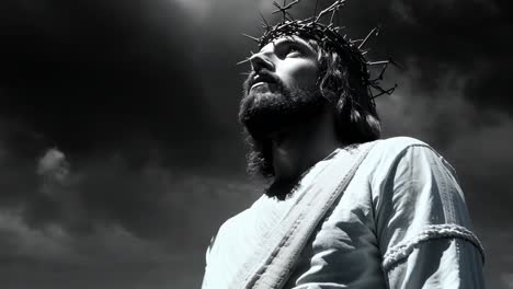 dramatic video still of a solemn figure in a crown of thorns, captured from a low angle