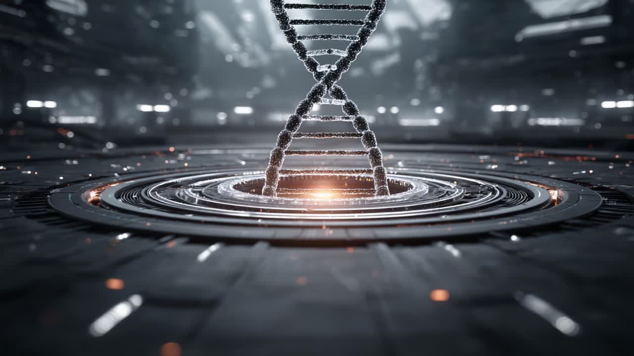 A Stunning Visualization of a DNA Double Helix Emerging from a Circular Platform, Surrounded by a Shimmering Light and High-Tech Background