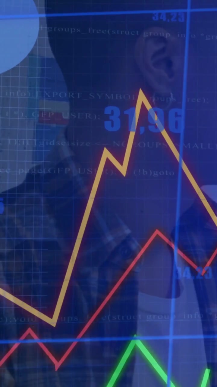 Vertical video: Analyst turning head, initiating finance charts overlaying her, monitoring trends