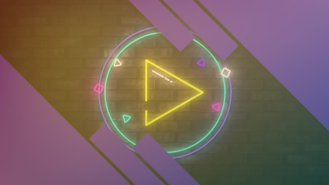 Animation of neon play icon over neon pattern background