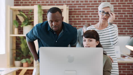 startup office, laptop and teamwork discussion