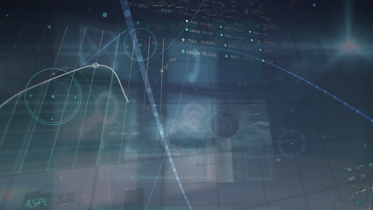 Animation of diverse financial data and graphs over blue screens with network icons